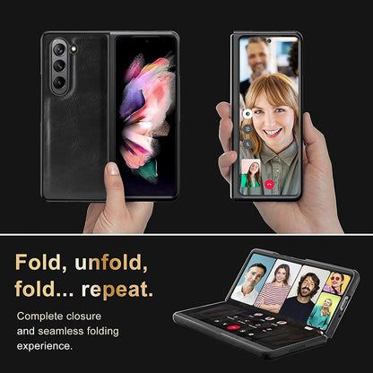 Samsung Galaxy Z Fold6 Gold Plated Leather Case With Front Glass Protection - Brown